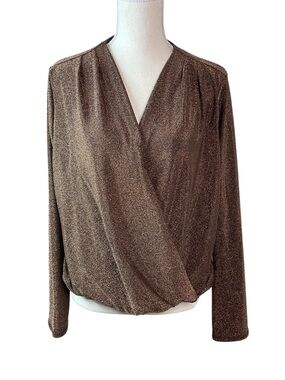 Chenault Metallic Brown Wrap-Front Long Sleeve Top XL